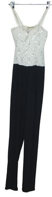 Dámsky bielo-čierny nohavicový spoločenský overal s krajkovým živůtkem Cameo Rose