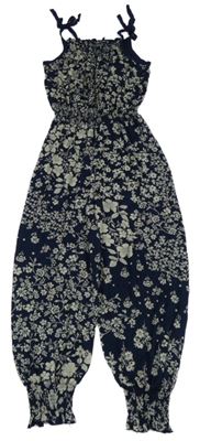 Tmavomodrý kvetovaný ľahký nohavicový overal