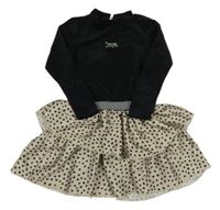 Černo-béžové sametové žebrované šaty s nápisem a puntíkatou sukní 