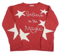 Jahodový vlněný svetr s hvězdami a nápisem 