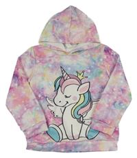 Farebná duhová batikovaná mikina s jednorožcom a kapucňou