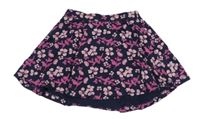 Tmavomodro-ružová tepláková kolová sukňa s kvetmi a větvičkami Kids
