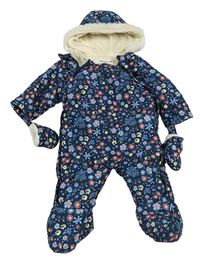 Tmavomodrá květovaná šusťáková zimní kombinéza s kapucí + rukavice Babaluno