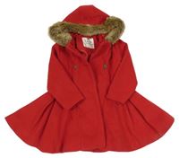 Červený flaušový podšitý kabát s kožešinou a kapucí F&F