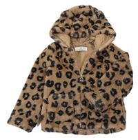 Hnedo-čierna vzorovaná kožušinová podšitá bunda s odopínacíá kapucňou s uškami H&M