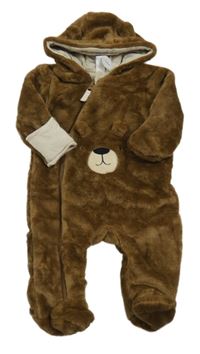 Nové - Hnedá chlpatá podšitá kombinéza s kapucí - medvěď Topolino