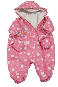 Růžová šusťáková zimní kombinéza s puntíky a kapucí + rukavice St. Bernard