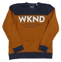 Medovo-tmavomodrá mikina s nápisem C&A