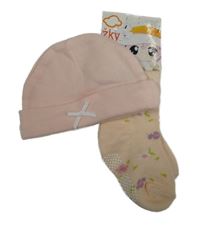 Nové - 2set - Světlerůžová čepice + kytičkované ponožky 