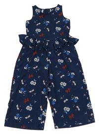 Tmavomodrý kalhotový culottes overal s květy a volánky Primigi