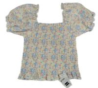 Nové - Biela žabičková crop blúzka s kvietkami Dunnes