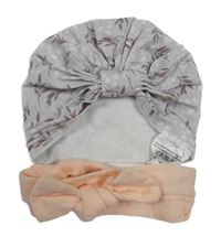 2set - Světlefialová květovaná nařasená čepice + broskvová čelenka a mašlí