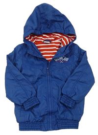Modro/tmavomodrá šušťáková jesenná bunda s praporky a číslom a kapucňou POCOPIANO