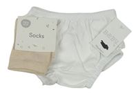 2Set - Bílé kalhotky na plenky s volánky + světlepudrové ponožky F&F