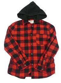 Červeno-černá kostkovaná vzorovaná košile s kapucí C&A