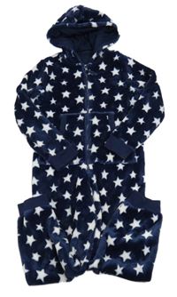 Tmavomodrá plyšová kombinéza s bielými hviezdičkami a kapucňou M&S