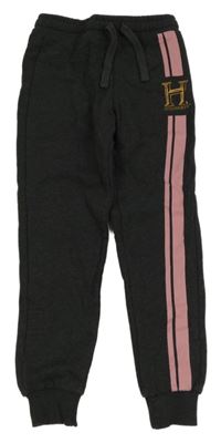 Tmavošedé melírované tepláky s písmenkem - Harry Potter a růžovými pruhy 