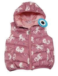 Nové - starorůžová prošívaná šusťáková zateplená vesta s jednorožci a srdíčky a kapucí 