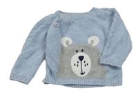 Modrý melírovaný prepínaci sveter s medvedíkom a vzorom NUTMEG