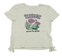 Smetanové žebrované tričko s kytičkami a nápisy a šněrováním