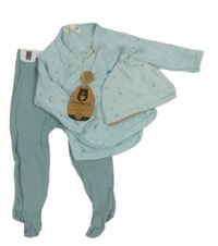 Nové - 3Set - Světlemodré zavinovací propínací mikinotriko s hvězdičkami a měsíci + čepice + světlemodrošedé žebrované polodupky RABBIT BEAR