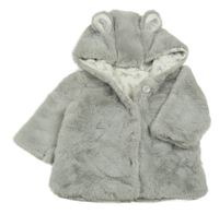 Sivý kožušinový podšitý kabát s kapucňou s uškami Next