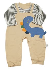 Pudrovo-bílo-černý overal s dinosaurem a pruhy 