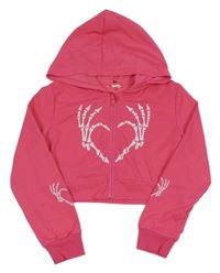 Tmavoružová prepínaci crop mikina so srdiečkom a kostmi a kapucňou SHEIN