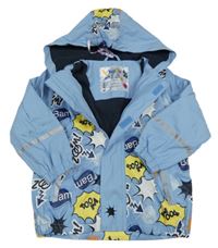 Svetlomodrá nepromokavá jarná bunda s nápismi a kapucňou lupilu