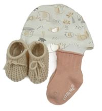 Nové - 3Set - Biela čapica so sloníky a palmami + staroružové rebrované ponožky + svetlobéžové pletené papučky s mašlou Soft Touch