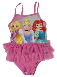 Ružové jednodielne plavky s tylovým volánem a princeznami Disney