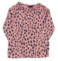 Růžové žebrované triko s leopardím vzorem a volánem Joules