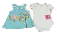 2set - Bílé body + tyrkysová puntíkatá laclová šatová tunika se sovami