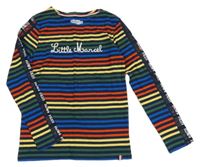 Tmavomodro-farebné pruhované tričko s nápisom