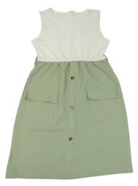 Bielo-zelené šaty s gombíkmi a vreckami Shein