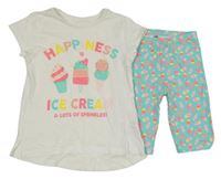 2set - Bílé tričko s nápisem a zmrzlinami + tyrkysové elastické kraťasy Dunnes