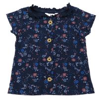 Tmavomodré květované žebrované tričko s knoflíky C&A