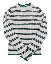 Bielo-tmavomodro-zelený pruhovaný rebrovaný crop sveter Primark