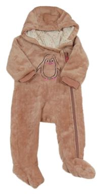 Starorůžová plyšová podšitá kombinéza s tučňákem a kapucí Liegelind