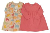 Nové - 2x šaty - růžové + světlerůžovo-barevné s dinosaury F&F