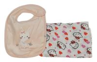 2 set - bílá mušlínová plena s Hello Kitty + světlerůžový sametový bryndák s králíkem 