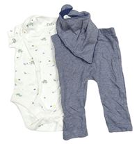 3set - Bílé body s želvami + tmavomodré melírované lehké tepláky + tmavomodrý melírovaný slinták F&F