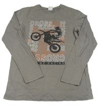 Šedobéžové tričko s nápismi a bikerem Y.F.K.