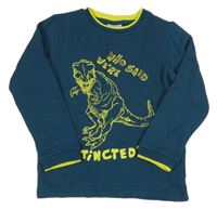 Petrolejová mikina s dinem a nápismi