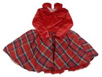 Červeno-tmavomodro-zelené zamatové šaty s kostkovanou sukní a golierikom Dunnes Stores