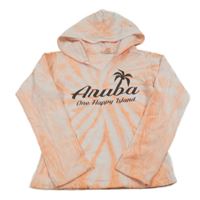 Bielo-oranžová batikovaná crop mikina s nápisom a kapucňou