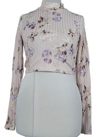 Dámské světlerůžovo-fialové květované žebrované crop triko se stojáčkem H&M