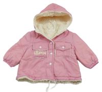 Ružová šušťáková zateplená bunda s potlačou a kapucňou