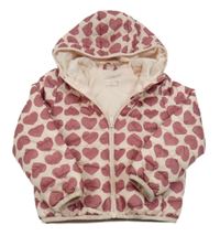 Světlerůžová šusťáková prošívaná zateplená bunda se srdíčky a kapucí Primark