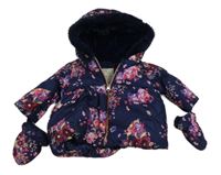 Tmavomodrá květovaná šusťáková zimní bunda s kapucí + rukavice George